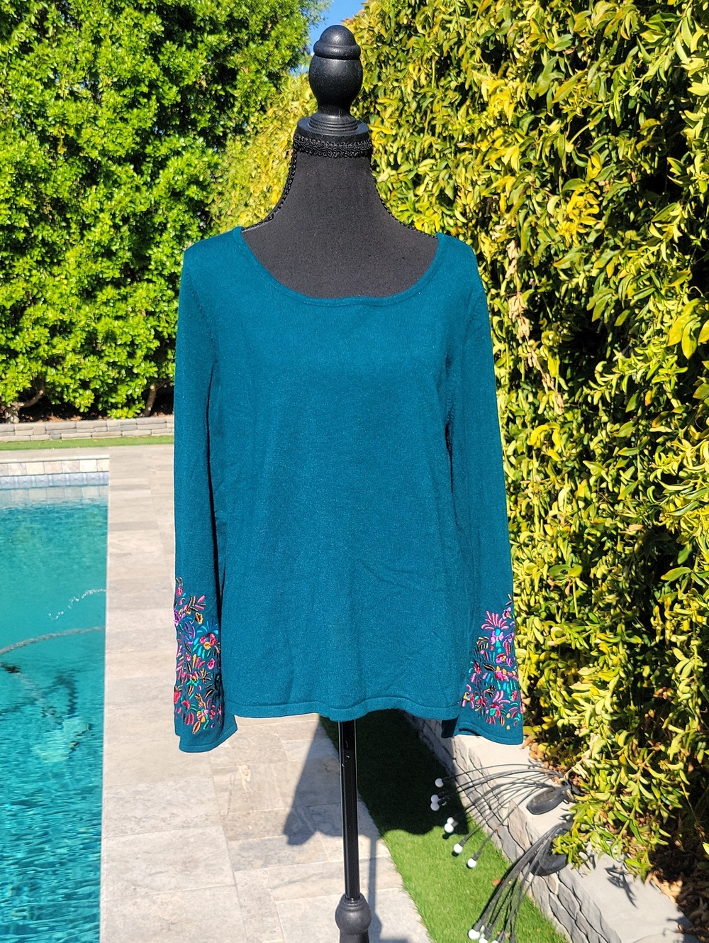 Teal Embroidered LongSleeve Knit Top